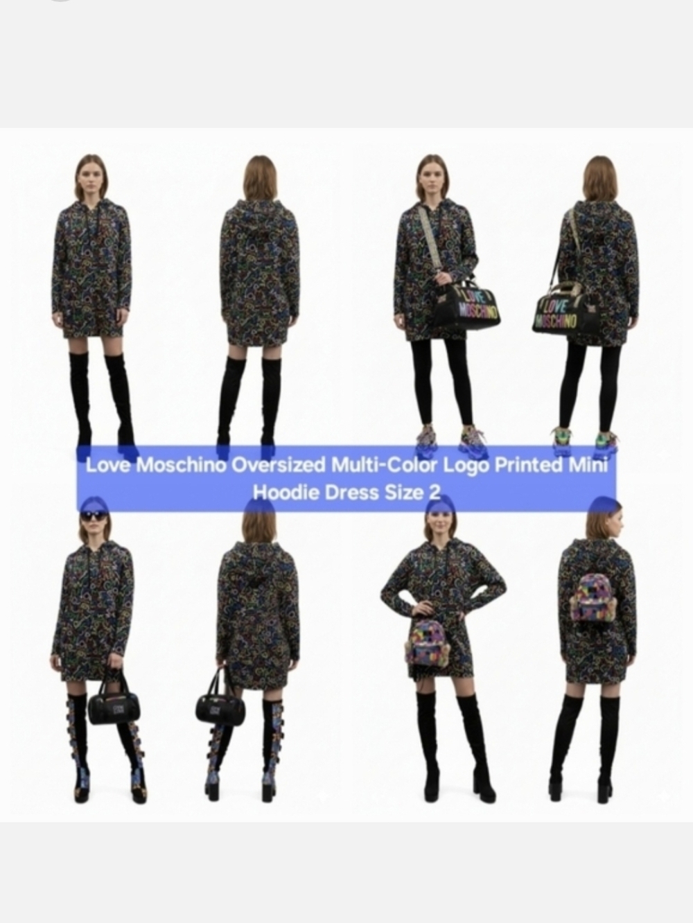 Love Moschino Oversized Multi-Color Logo Printed Mini Hoodie Dress Size 2